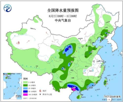 全国降水量预报图(8月2日8时-3日8时) 点击进入下一页