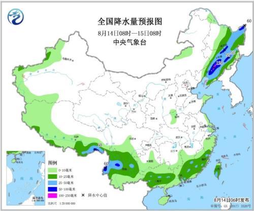 全国降水量预报图(8月14日08时-15日08时) 点击进入下一页
