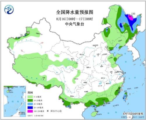 全国降水量预报图(8月16日08时-17日08时) 点击进入下一页